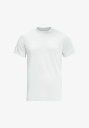 T-shirt en coton blanc à manches courtes, col rond et avec un petit logo gris clair sur la partie supérieure gauche de la poitrine. Design simple.