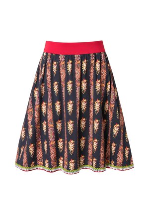 Una gonna al ginocchio con una cintura elastica rossa, caratterizzata da uno sfondo blu navy decorato con motivi floreali in arancione e rosa, rifinita con un orlo ondulato.