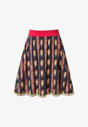 Une jupe mi-longue avec une taille élastique rouge, présentant un fond bleu marine orné de motifs floraux en orange et rose, avec un ourlet en forme de feston.