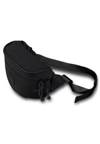 Svart midjeväska med rundad form, tillverkad av strukturväv. Har dragkedjor med snoddar och ett slitstarkt justerbart band.