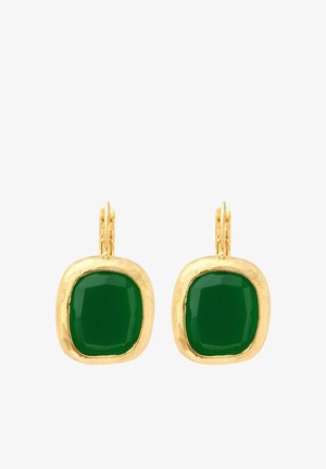 Boucles d'oreilles en or avec pierres précieuses vert foncé en forme de coussin, serties dans un chaton en or lisse, dotées de fermoirs à levier.