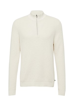 Gebreide pullover in off-white, met een halve ritssluiting bij de kraag, lange mouwen, geribde manchetten en een tekstuurpatroon door het geheel.