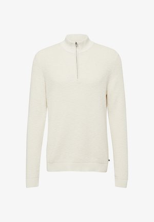 Knitted pullover in off-white, featuring a half-zip collar, long sleeves, ribbed cuffs, and textured pattern throughout.