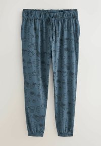 Mėlynos pieštuko formos kelnės su elastinga liemene, dekoruotos kartojančiomis kavos tematikos iliustracijomis, įskaitant puodelius, pieno dėžutes ir arbatinukus.