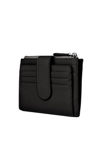 Portafoglio in pelle nera con finitura testurizzata, dotato di una tasca con zip, molteplici fessure per carte e una chiusura a scatto con un accento del logo.