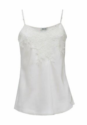 Weißes Camisole mit dünnen verstellbaren Trägern und floraler Spitzenverzierung am oberen Vorderteil aus glattem, leichtem Stoff.
