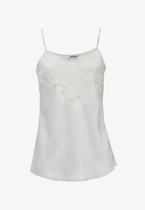 Weißes Camisole mit dünnen verstellbaren Trägern und floraler Spitzenverzierung am oberen Vorderteil aus glattem, leichtem Stoff.