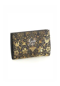 Portafoglio nero con motivo floreale dorato e dettagli intricati. Presenta il nome del marchio "Gab 604" in un carattere stilizzato. Materiale texturizzato.