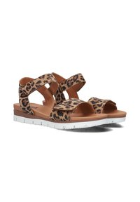 Leopardprint sandalen met twee verstelbare banden, gevoerde bruine zolen en een witte rubberen zool met een gestructureerde onderkant voor grip.