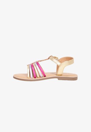 Sandalo dorato con strisce multicolori in rosa, bianco e oro. Design open-toe e cinturino alla caviglia con leggera imbottitura. Suola piatta.