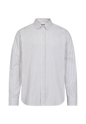 Biała koszula z długim rękawem w cienkie szare pionowe paski, klasyczny kołnierzyk, zapięcie na guziki z przodu i akcenty przy mankietach. Miękki, tkany materiał o przyjemnej strukturze.