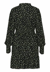 Zwarte jurk met kleine witte en groene bloemenpatronen, ruches bij de kraag, lange pofmouwen en een elastische taille met een gelaagde rok.