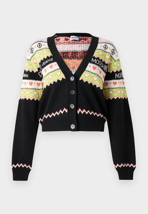 Cardigan nero corto con maniche lunghe, apertura con bottoni, motivi multicolori a zigzag, cuori, simboli di pace e dettagli con la scritta "Moschino Jeans".