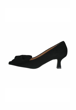 Black suede high heel shoe with a pointed toe and a decorative bow on the vamp. Features a short, block heel and a smooth interior.