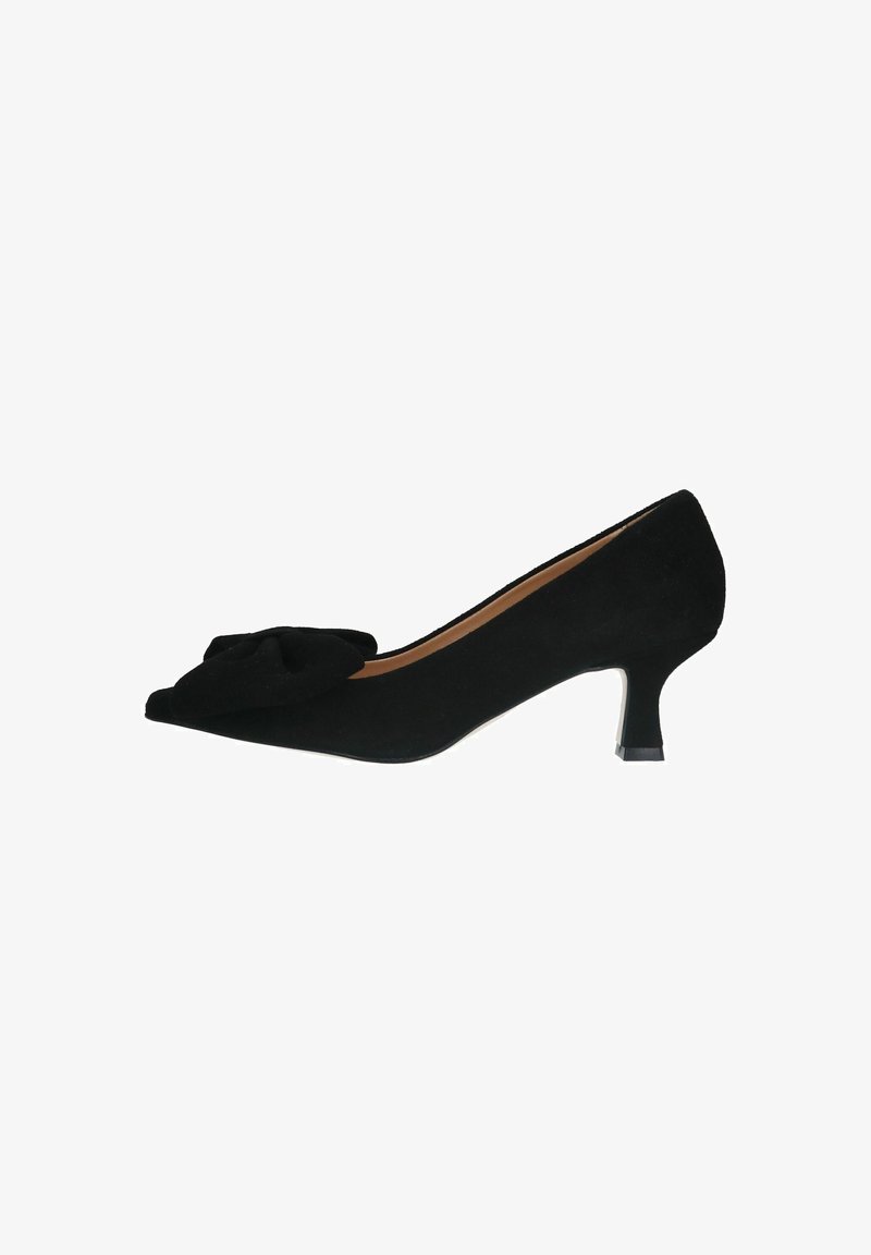 Black suede high heel shoe with a pointed toe and a decorative bow on the vamp. Features a short, block heel and a smooth interior.