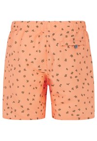 Oranje zwemshorts met een golvend bladdesign in donkergroen, elastische tailleband en een achterzak met een klein contrasterend logo.
