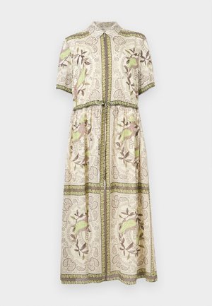 Rochie midi cu nasturi, mâneci scurte, fundal crem, modele florale verzi și maronii și modele cu păsări, cu accente decorative la margini.