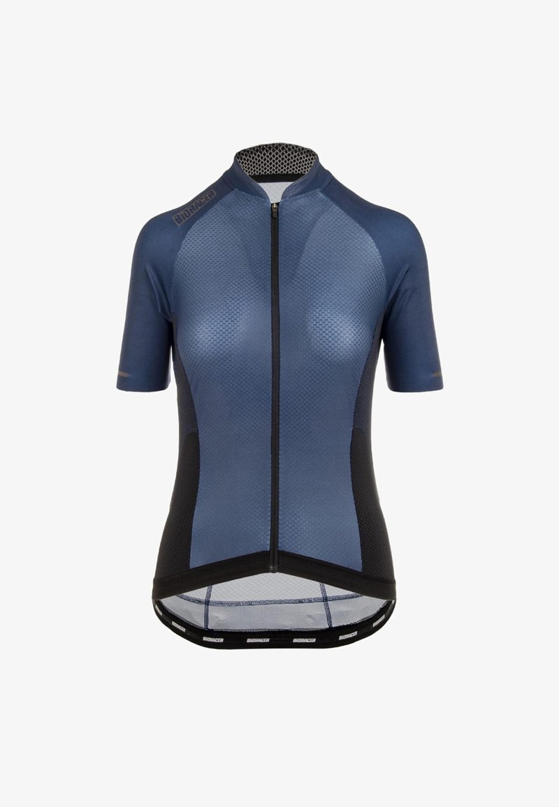 Korte mouwen fietsjersey in donkerblauw en zwart met een gestructureerd patroon, voorzien van een rits aan de voorkant en een gebogen zoom voor een ergonomische pasvorm.