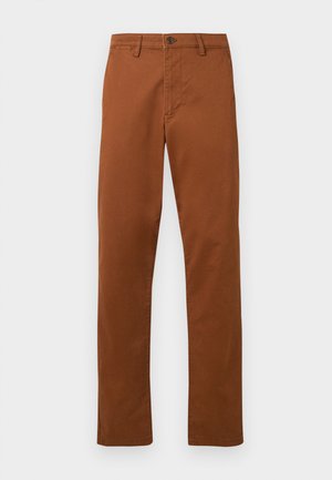 Brown cotton trousers with a straight-leg design, featuring a button closure and side pockets, with a smooth, matte texture.