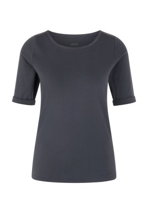 Dark gray short-sleeve t-shirt with a crew neck, rolled cuffs, and a smooth texture, made from stretchable cotton blend fabric.
