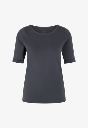 Dunkelgraues T-Shirt mit kurzen Ärmeln, Rundhalsausschnitt, hochgekrempelten Bündchen und einer glatten Textur, hergestellt aus elastischem Baumwollmischgewebe.