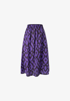 Lilla nederdel med et abstrakt sort ikat-mønster, elastisk talje og udvidet silhuet. Fremstillet af letvægtsstof.