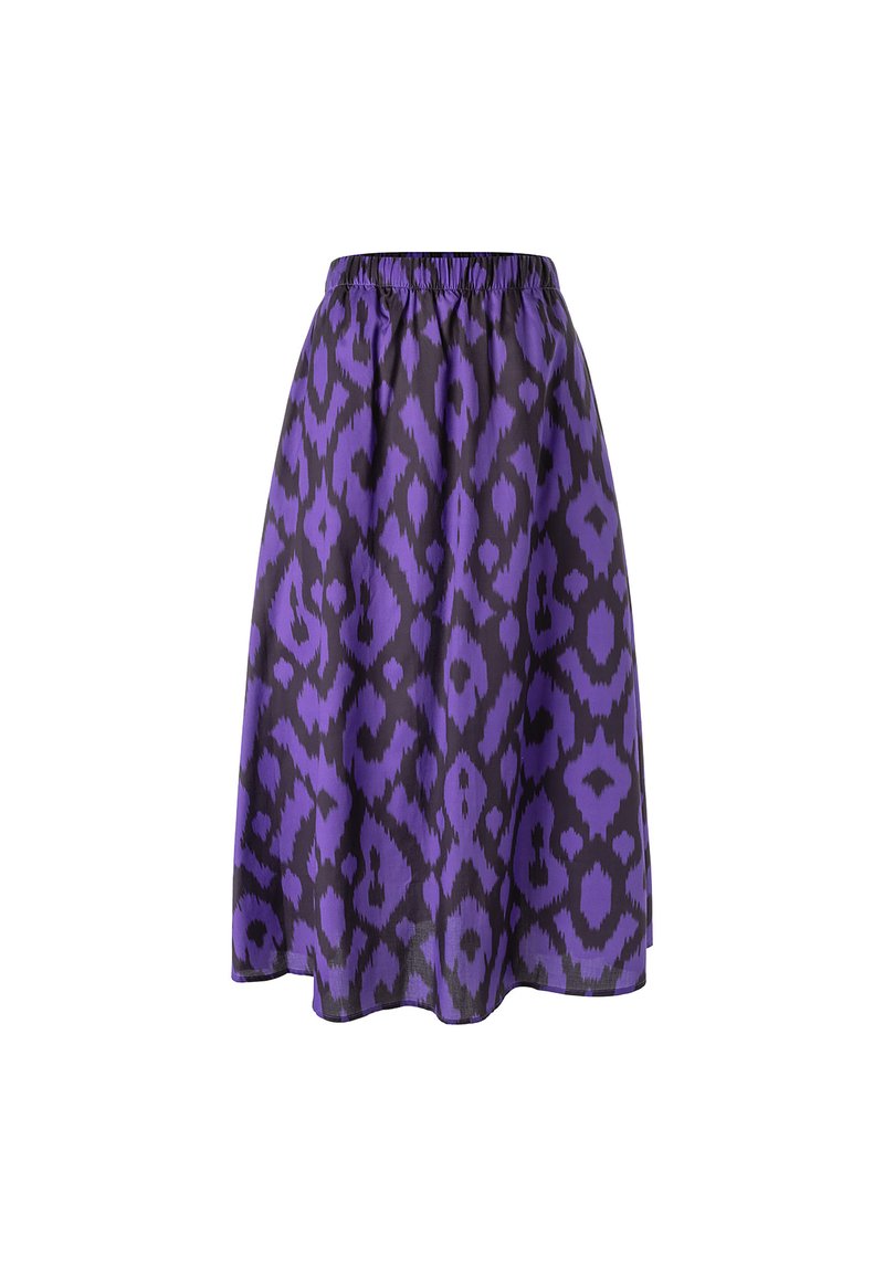 Gonna viola con un motivo astratto in ikat nero, vita elastica e silhouette svasata. Realizzata in tessuto leggero.