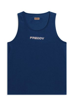 Débardeur bleu marine en tissu doux, avec un col rond et un logo central « FREDDY » de couleur claire. Aucun motif ou accent supplémentaire.