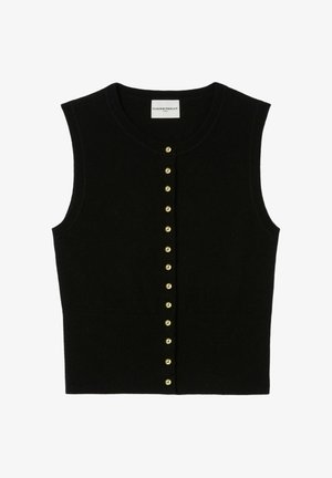 Gilet en tricot sans manches noir avec un col rond, fermeture à boutons à l'avant avec des accents dorés, et un ourlet côtelé ajusté.