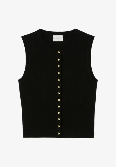 Chaleco de punto negro sin mangas con escote redondo, cierre frontal de botones con detalles dorados y un bajo acanalado ajustado.