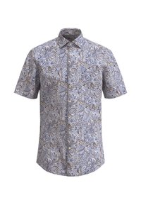 Koszula z krótkim rękawem z zapięciem na guziki, wykonana z wzorzystej tkaniny z niebieskimi, złotymi i białymi motywami paisley. Z kołnierzykiem i prostym dołem.