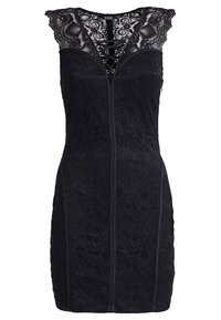 Robe noire en dentelle avec motif floral, fermeture éclair et manches en dentelle à volants. La silhouette ajustée met en valeur la forme, et le tissu texturé ajoute du détail.