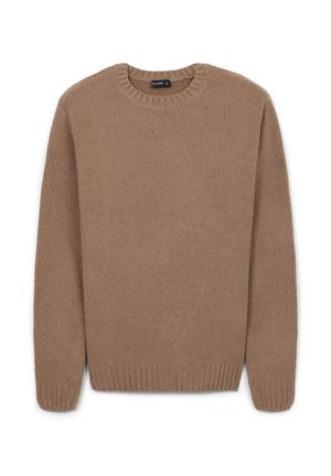 Maglione marrone lavorato a maglia con scollatura a girocollo, polsini a costine e una texture morbida. Il design presenta maniche lunghe e una vestibilità classica.