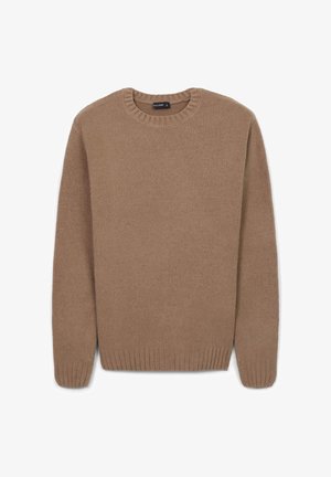 Brauner Strickpullover mit Rundhalsausschnitt, gerippten Bündchen und einer weichen Textur. Das Design verfügt über lange Ärmel und eine klassische Passform.