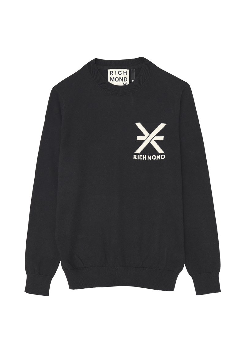 Felpa nera realizzata in tessuto morbido, con scollatura rotonda e polsini a costine. Include un logo bianco e un motivo sul petto.