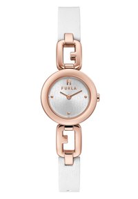 Orologio con cinturino in pelle bianca, cassa circolare in oro rosa, quadrante argentato con motivo e quattro punti in oro rosa che segnano le ore. Il cinturino presenta un accento a catena.