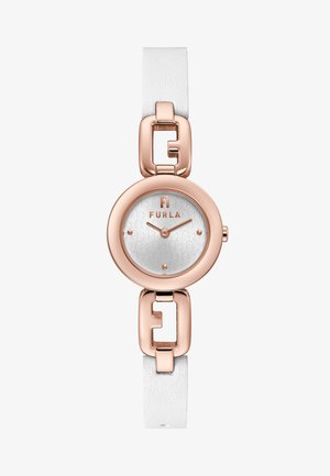 Weißes Lederarmband-Uhr mit einem kreisförmigen Gehäuse aus Roségold, silbernem gemustertem Zifferblatt und vier Roségold-Punkten zur Stundenmarkierung. Das Armband hat ein Kettenlink-Detail.