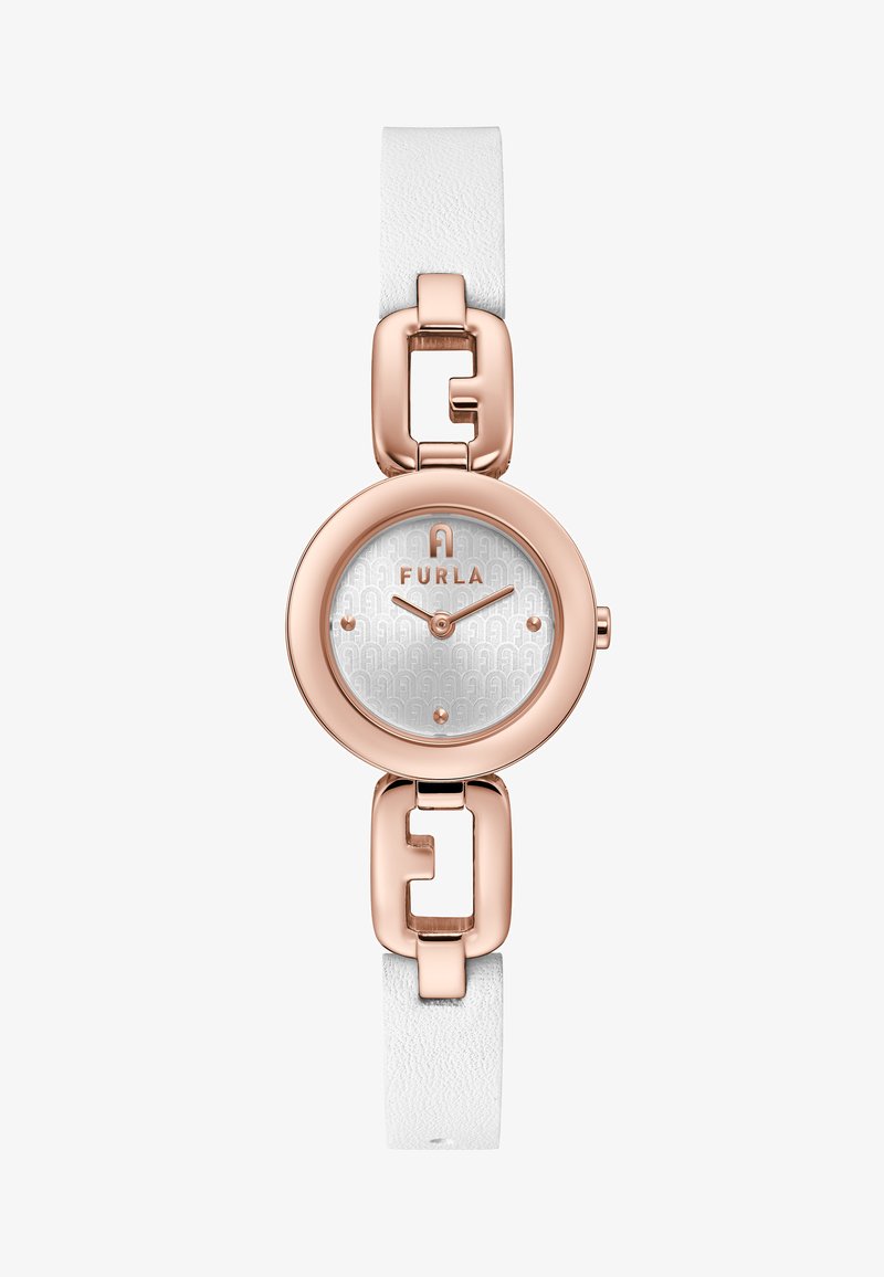 Valge nahkrihmaga käekell, millel on ümmargune roosakuldne korpus, hõbedane mustriga nägu ja neli roosakuldset punkti, mis tähistavad tunde. Rihmal on kett-linki aktsent.