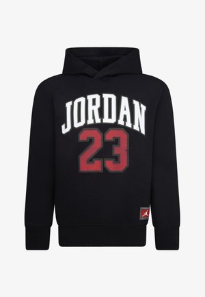 Zwarte hoodie met "JORDAN" in het wit en "23" in het rood, gemaakt van zachte materialen met een kangoeroe pocket en geribde boorden.