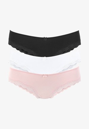 Three pairs of women's panties in black, white, and pink. Each features a lace trim and small bow accents at the waistband. Soft fabric.