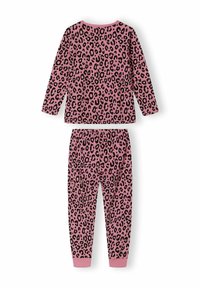 Conjunto de pijama de estampado de leopardo en rosa que incluye una camiseta de manga larga y pantalones con cintura elástica. Tejido suave con detalles en negro.