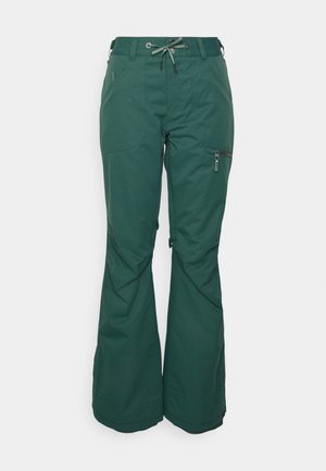 Pantaloni da sci verde scuro realizzati in materiale resistente all'acqua, con numerose tasche, una vita con cordino e un design a gamba svasata.