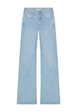 Jean en denim bleu clair taille haute avec jambes larges, design à cinq poches, rivets en cuivre et fermeture par bouton.