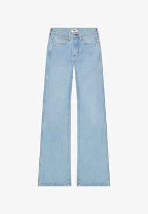 Lichtblauwe high-waist spijkerbroek met wijde pijpen, vijfzakkenontwerp, koperen klinknagels en knoopsluiting.