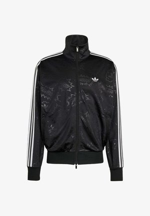 Czarna bluza sportowa na zamek z białymi trzema paskami na rękawach, subtelny napis w stylu komiksowym, ściągacze i logo Adidas trefoil na piersi.