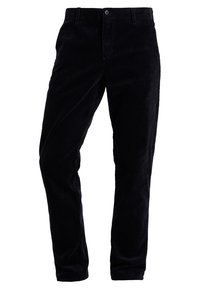 Pantalons en velours côtelé noir avec une coupe droite, dotés d'une fermeture à bouton et à zip, de deux poches avant et d'un tissu doux et texturé.