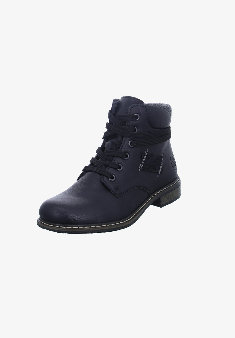 Schwarze Leder-Stiefeletten mit einem strukturierten Stoffkragen, runder Zehenpartie, Schnürdesign und einem niedrigen, klobigen Absatz. Mit dekorativen Stichdetails akzentuiert.