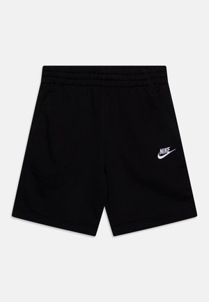 Black Nike shorts with an elastic waistband, featuring side pockets and a white Nike logo on the lower left front. Made of soft material.