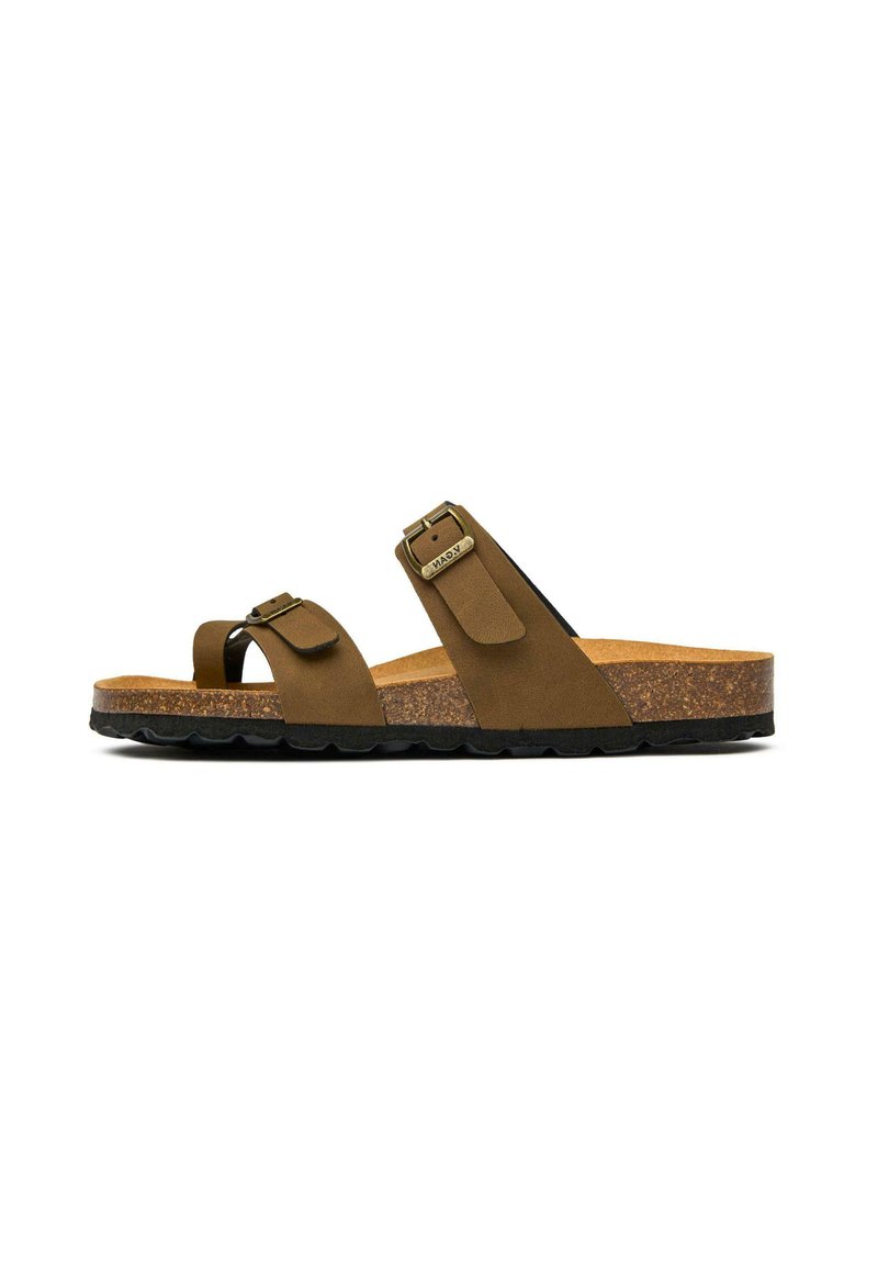 Brown sandal with two adjustable straps, cork footbed, and textured black rubber sole. Features metal hardware accents.