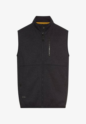 Dunkelgraue ärmellose Weste aus strukturiertem Stoff. Verfügt über einen hohen Kragen, einen Reißverschluss vorne und eine Brusttasche mit Reißverschluss. Akzentuiert mit einem gelben Innenfutter.